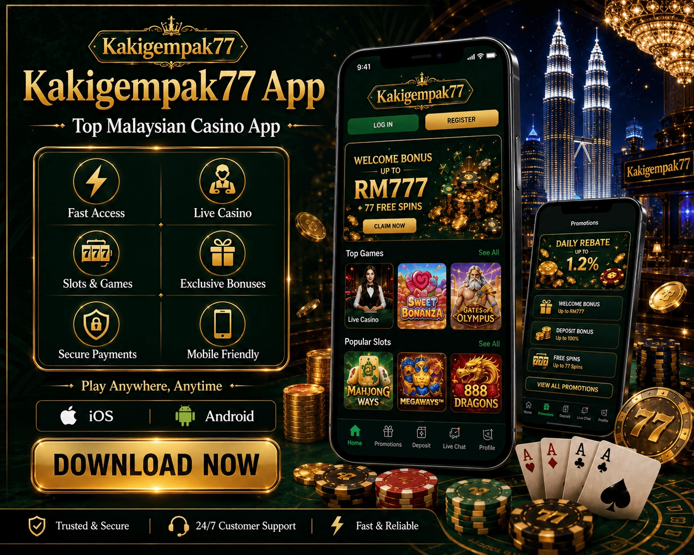 Antara muka aplikasi Android yang menunjukkan bahagian kasino, menu akaun dan alat navigasi mudah alih pada telefon