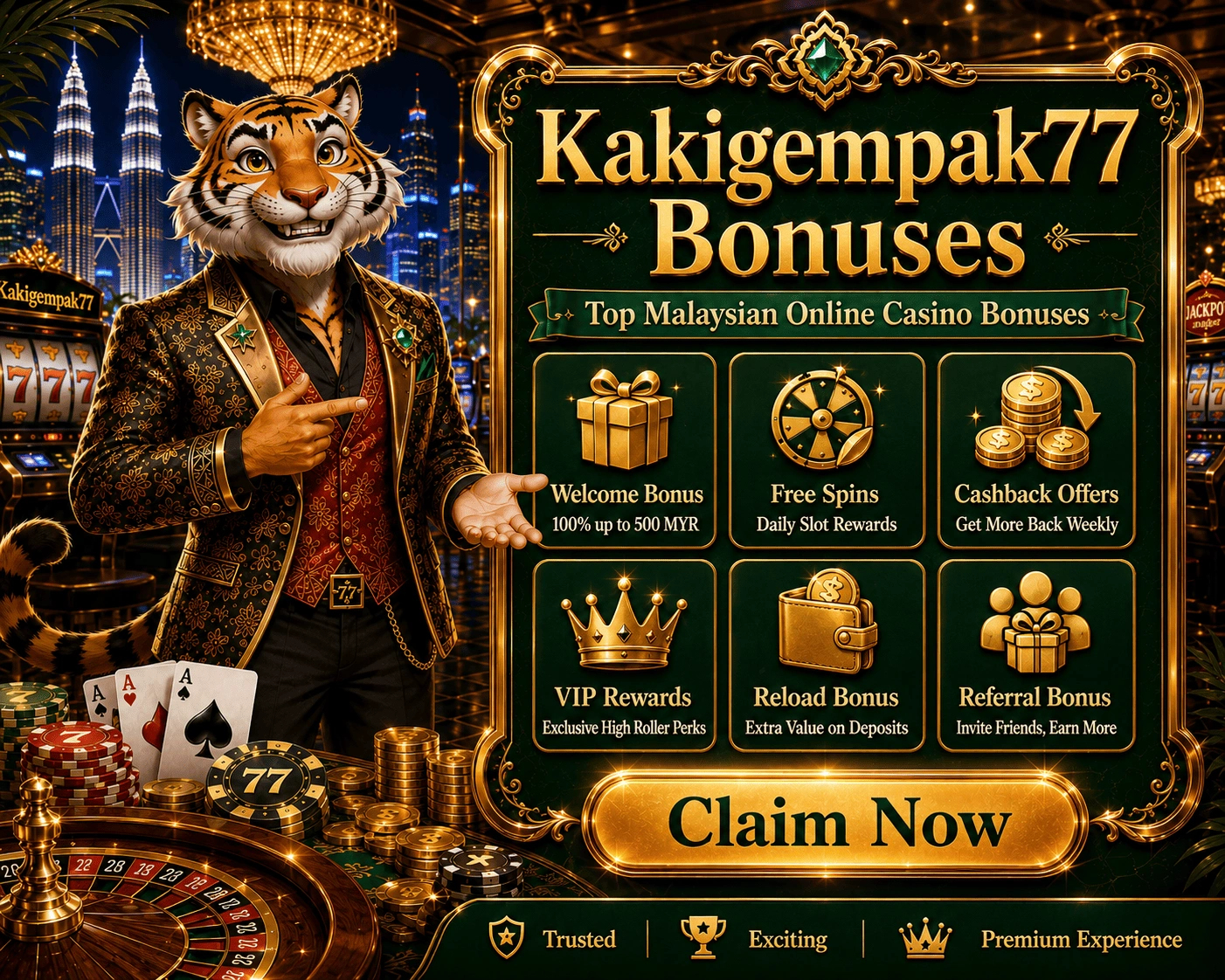Pratonton terma bonus Adegan promosi bonus dengan kotak hadiah, syiling, kad tawaran dan elemen senarai semak terma