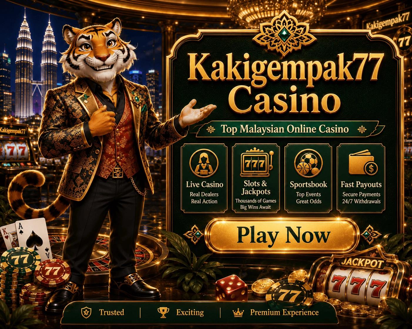 Pratonton lobi kasino Adegan lobi kasino dengan gulungan slot, cip permainan meja, kad dan navigasi kategori mudah alih