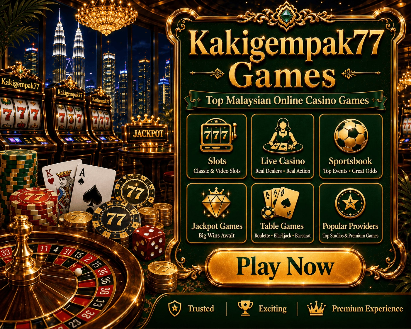 Gambaran permainan dengan kad meja, cip, ikon slot dan jubin kategori pada antara muka mudah alih